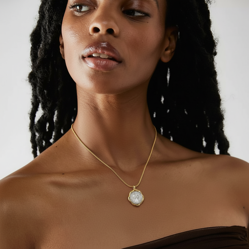 Model showcasing Necklace Coiné, a gold-plated necklace with an intricate coin pendant.
