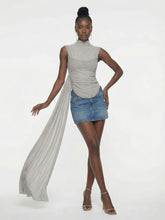 Grey Asymmetric Draped High-Neck Top