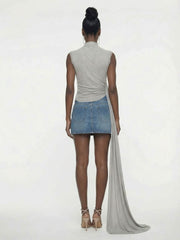 Grey Asymmetric Draped High-Neck Top
