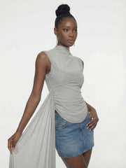 Grey Asymmetric Draped High-Neck Top