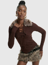 Brown Lace-Up Ribbed Top with Faux Fur Collar