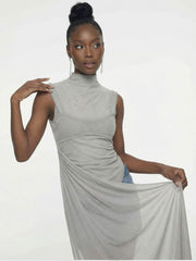 Grey Asymmetric Draped High-Neck Top