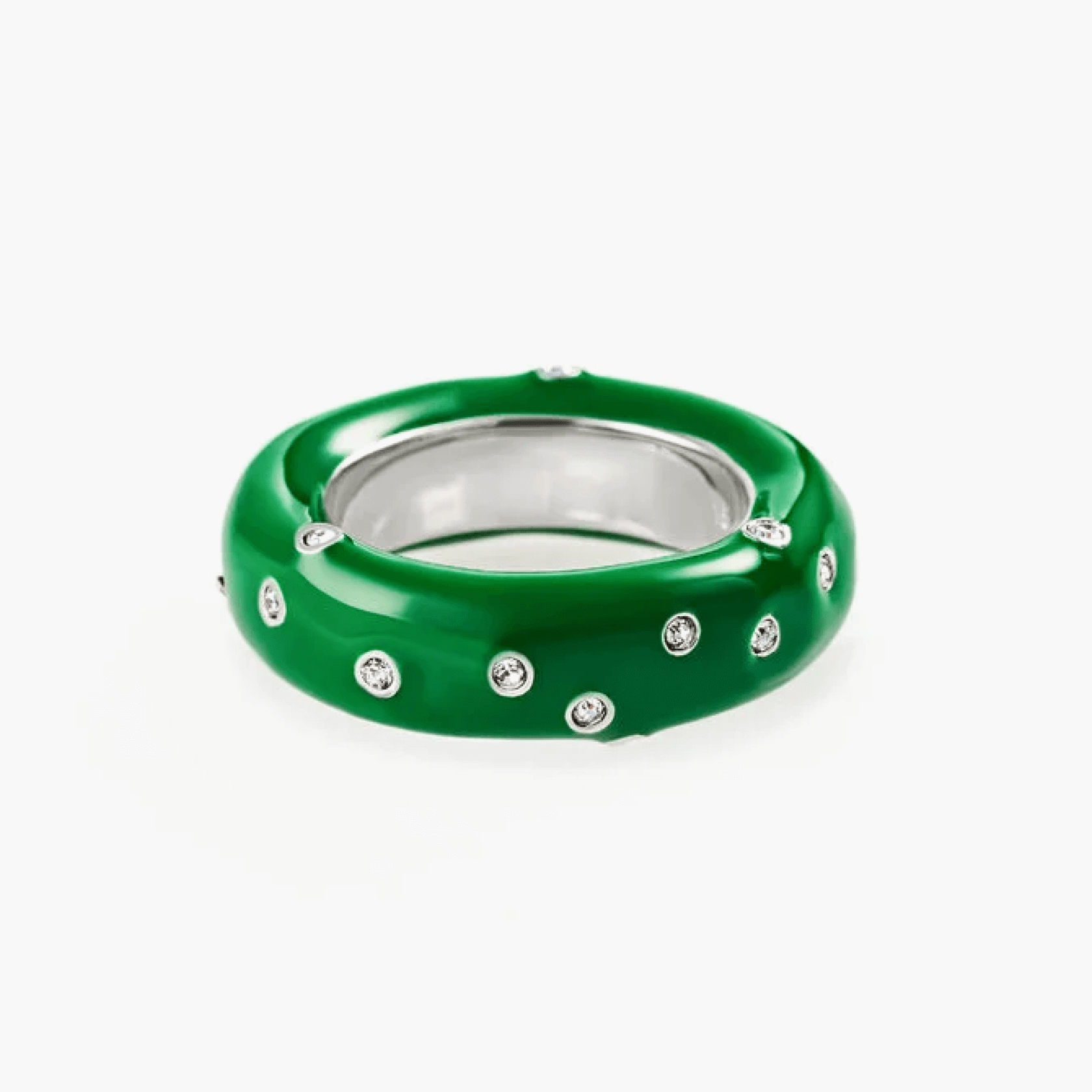 Ring Verdé featuring deep green enamel with zircon inlay, a modern and elegant design for women.