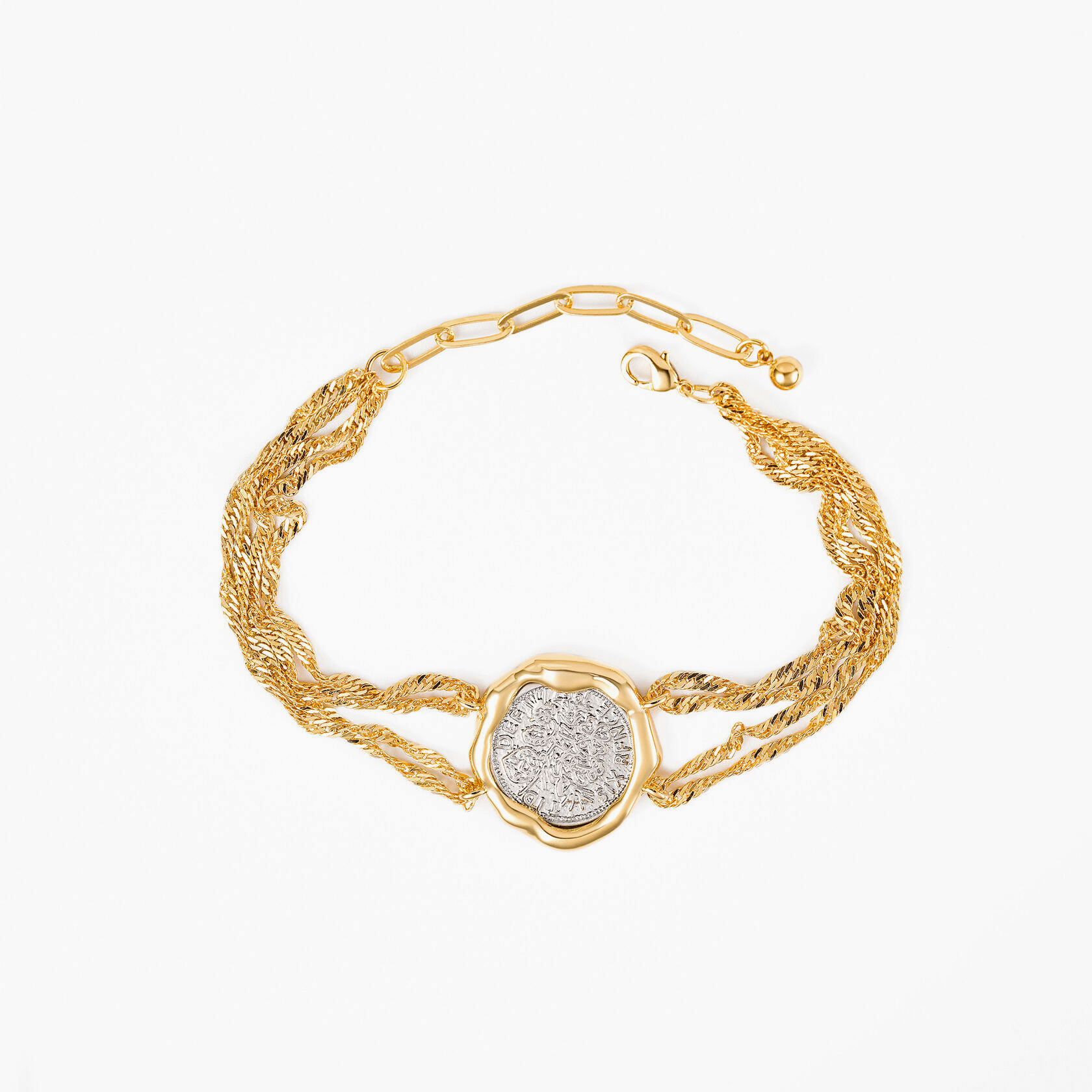 Bracelet Coiné, a gold-plated brass bracelet with an antique coin centerpiece and double gold chain design.