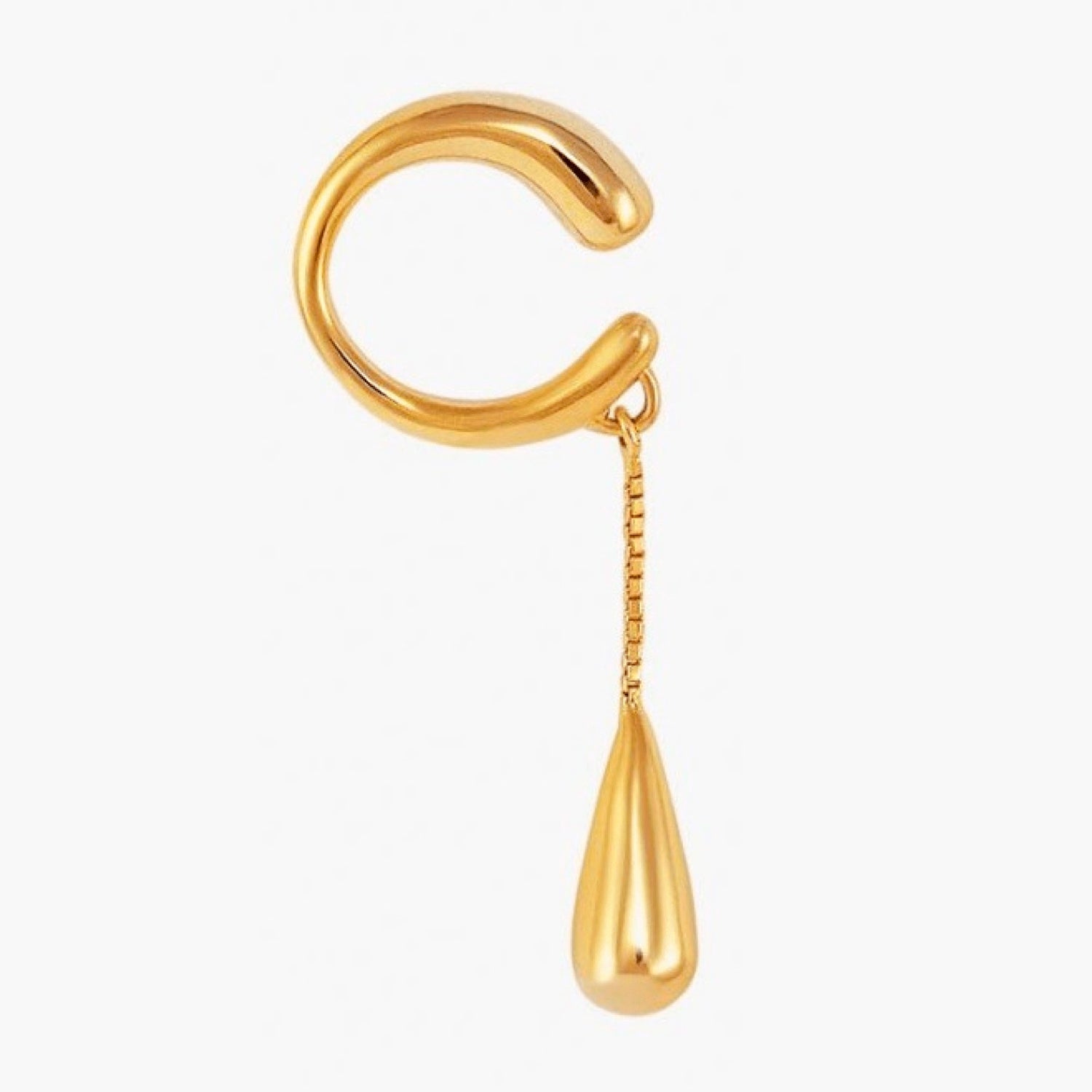 Earcuff Dew gold-plated brass earring featuring smooth curve and dew drop pendant.