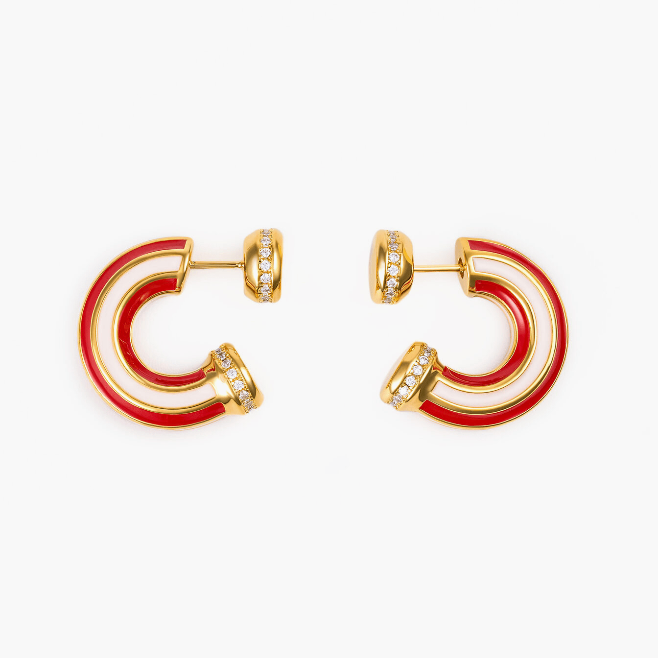 Earrings Candy featuring bold arch design in glossy red, white, and gold enamel with polished finish.