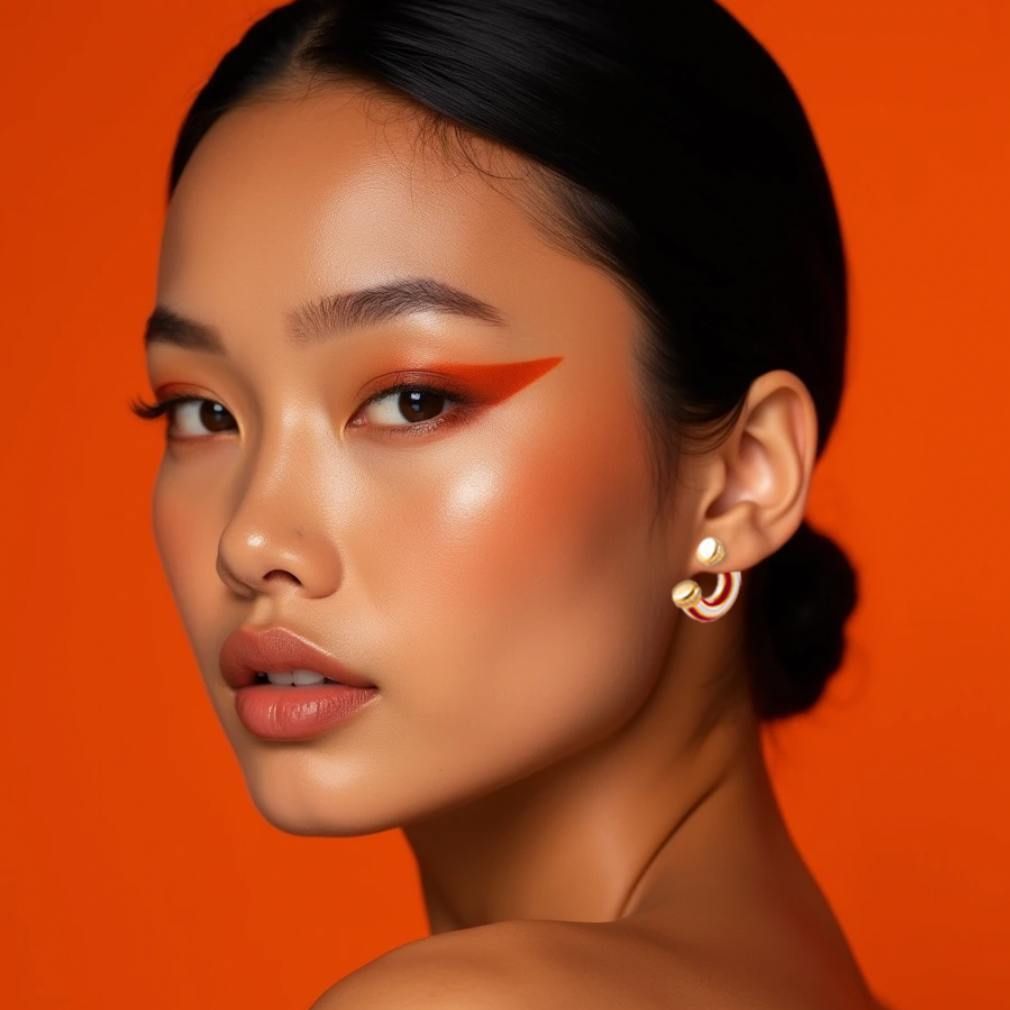 Model showcasing vibrant Earrings Candy with bold eye makeup on an orange background.