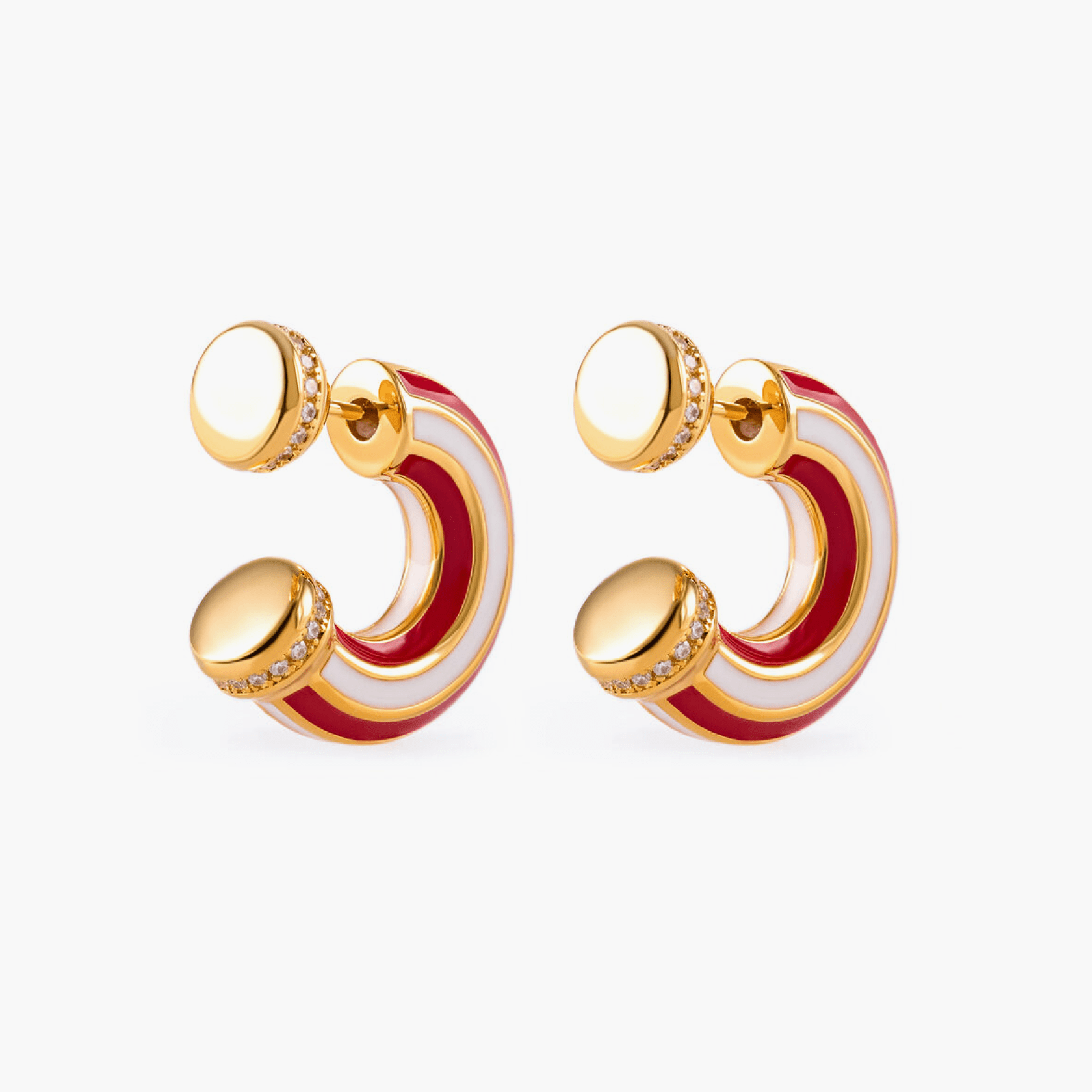 Earrings Candy featuring bold red, white, and gold arch design, crafted from brass and 18k gold plated.