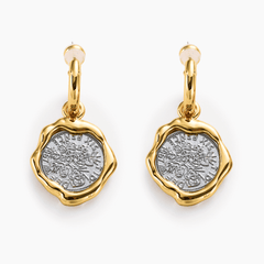 Earrings Coiné featuring textured brass and gold-plated design inspired by ancient relics.