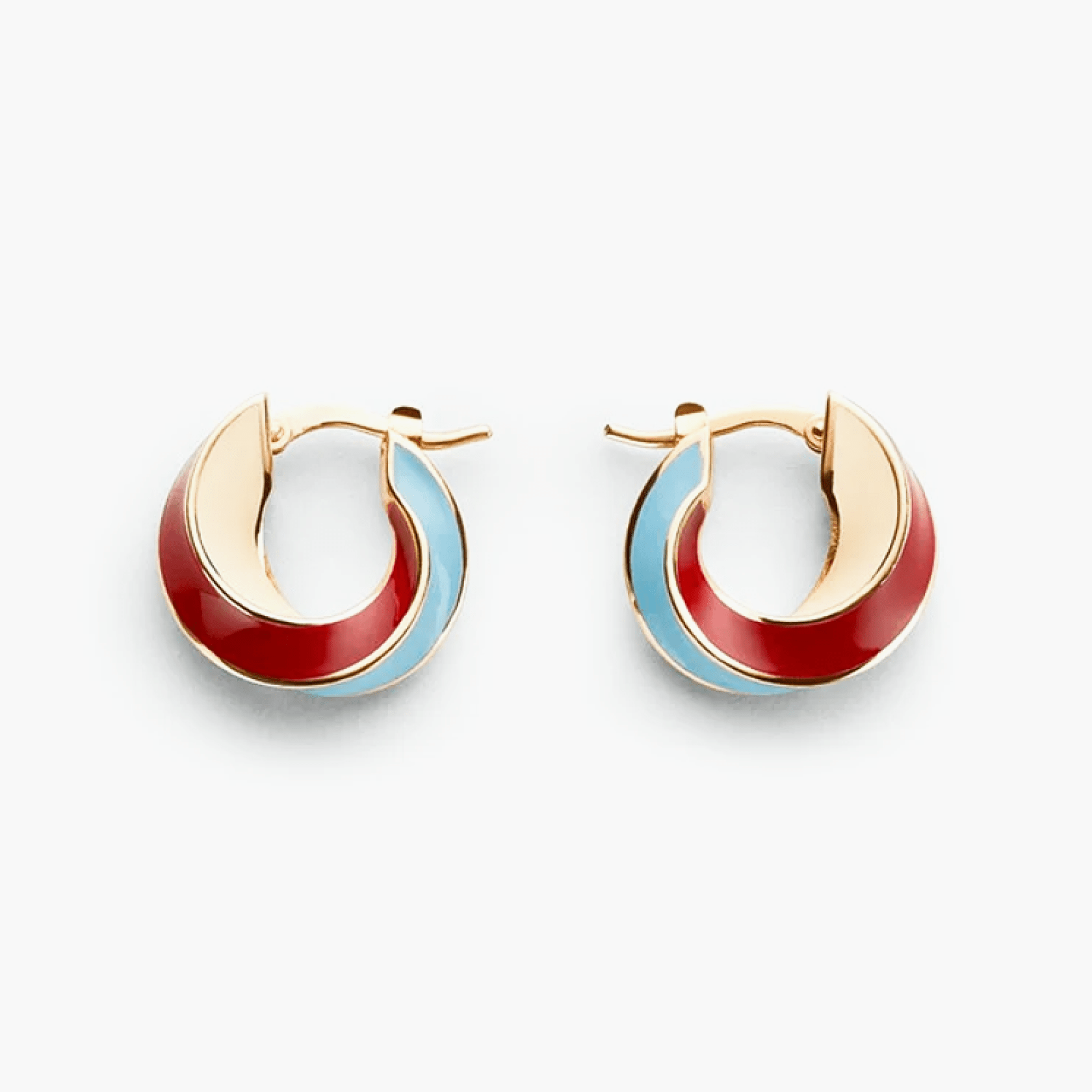 Earrings Halo made of brass with gold plating, featuring vibrant red and tranquil blue glaze.
