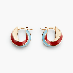 Earrings Halo made of brass with gold plating, featuring vibrant red and tranquil blue glaze.