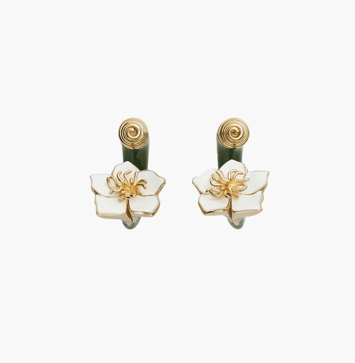 Earrings Iris 2, brass and gold-plated flower studs with enamel glaze, capturing elegant floral charm.