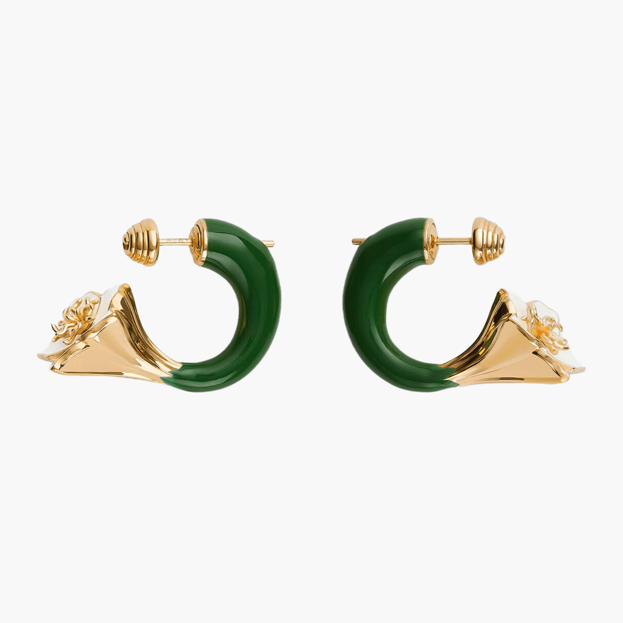 Earrings Iris 2 featuring green enamel and gold accents, elegant floral design, perfect for flower stud lovers.