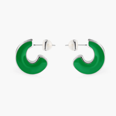 Earrings Verdant with deep green enamel and polished silver, featuring a bold crescent silhouette.