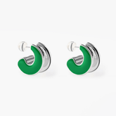 Earrings Verdant featuring a bold crescent design in green with polished silver accents, highlighting modern elegance.