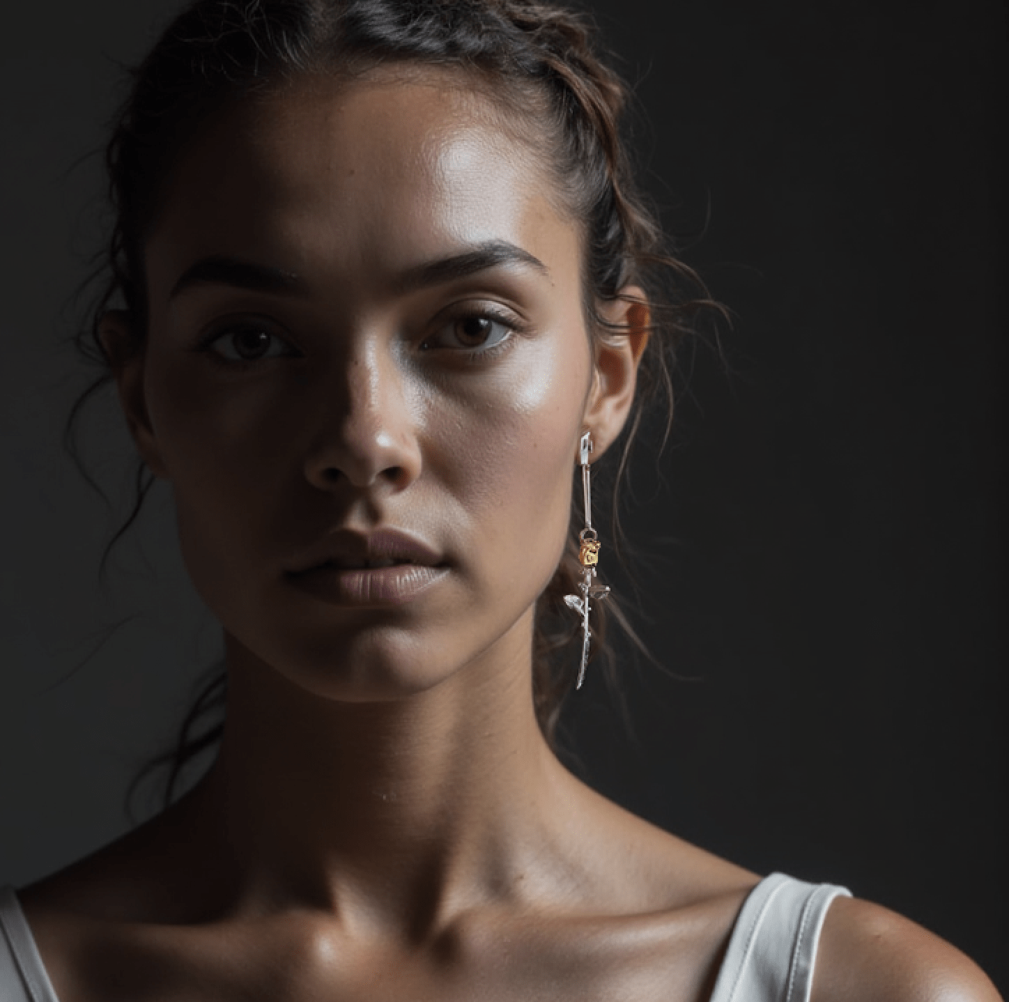 Earrings Bloom featuring a golden rose on a safety pin worn by a model in a moody setting.
