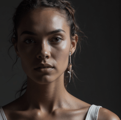 Earrings Bloom featuring a golden rose on a safety pin worn by a model in a moody setting.