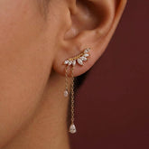 Gold CZ Tassel Crawler Earrings — Marquise Leaf Chain Drop for Women | Dainty Ear Climber