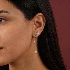 Gold CZ Tassel Crawler Earrings — Marquise Leaf Chain Drop for Women | Dainty Ear Climber