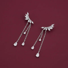 CZ Tassel Drop Earrings Silver — Marquise Leaf Ear Crawler with Dainty Chains