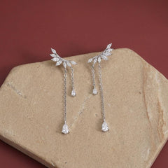 CZ Tassel Drop Earrings Silver — Marquise Leaf Ear Crawler with Dainty Chains