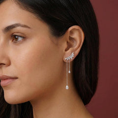CZ Tassel Drop Earrings Silver — Marquise Leaf Ear Crawler with Dainty Chains
