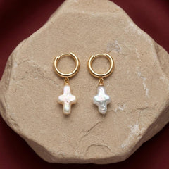 Freshwater Pearl Cross Huggie Hoop Earrings 18K Gold Plated Baroque Dangle Faith Gift