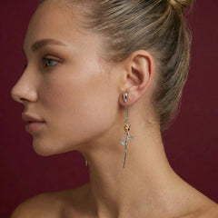 Dangle Earrings Safety Pin Rose 18K Platinum Plated Brass Two Tone Flower Gift for Her