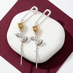 Dangle Earrings Safety Pin Rose 18K Platinum Plated Brass Two Tone Flower Gift for Her