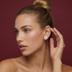 Flower Drop Earrings Enamel White Iris 18K Gold Plated Brass Green Stem Dainty Gift for Her