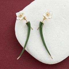 Flower Drop Earrings Enamel White Iris 18K Gold Plated Brass Green Stem Dainty Gift for Her