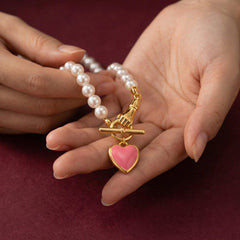 Pearl Necklace Pink Heart Pendant 18K Gold Plated Brass Enamel Toggle Clasp Gift for Her