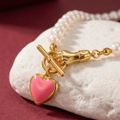 Pearl Necklace Pink Heart Pendant 18K Gold Plated Brass Enamel Toggle Clasp Gift for Her