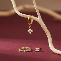 Clover Earring Set Gold Crystal Huggie Hoop Stud 18K Plated Brass Dainty Gift for Her