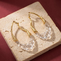 Drop Earrings Crystal Clear Resin 18K Gold Plated Brass Sculptural Teardrop Gift for Her
