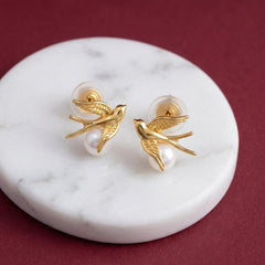 Stud Earrings Bird Swallow Pearl 18K Gold Plated Brass Dainty Minimalist Gift for Her