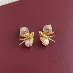 Stud Earrings Bird Swallow Pearl 18K Gold Plated Brass Dainty Minimalist Gift for Her