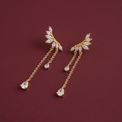 Gold CZ Tassel Crawler Earrings — Marquise Leaf Chain Drop for Women | Dainty Ear Climber