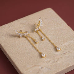 Gold CZ Tassel Crawler Earrings — Marquise Leaf Chain Drop for Women | Dainty Ear Climber