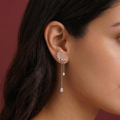 CZ Tassel Drop Earrings Silver — Marquise Leaf Ear Crawler with Dainty Chains