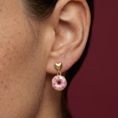 Dangle Earrings Pink Enamel Donut Heart Stud Gold Plated Fun Food Gift for Her