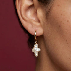 Freshwater Pearl Cross Huggie Hoop Earrings 18K Gold Plated Baroque Dangle Faith Gift