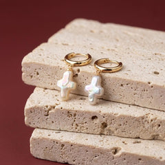Freshwater Pearl Cross Huggie Hoop Earrings 18K Gold Plated Baroque Dangle Faith Gift