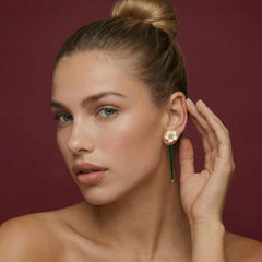 Flower Drop Earrings Enamel White Iris 18K Gold Plated Brass Green Stem Dainty Gift for Her