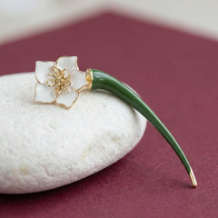Flower Drop Earrings Enamel White Iris 18K Gold Plated Brass Green Stem Dainty Gift for Her