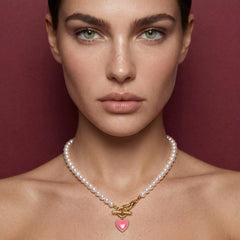Pearl Necklace Pink Heart Pendant 18K Gold Plated Brass Enamel Toggle Clasp Gift for Her
