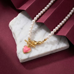 Pearl Necklace Pink Heart Pendant 18K Gold Plated Brass Enamel Toggle Clasp Gift for Her