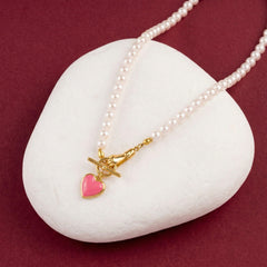 Pearl Necklace Pink Heart Pendant 18K Gold Plated Brass Enamel Toggle Clasp Gift for Her