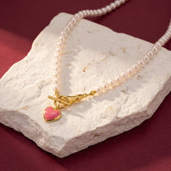 Pearl Necklace Pink Heart Pendant 18K Gold Plated Brass Enamel Toggle Clasp Gift for Her