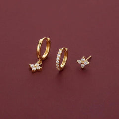 Clover Earring Set Gold Crystal Huggie Hoop Stud 18K Plated Brass Dainty Gift for Her